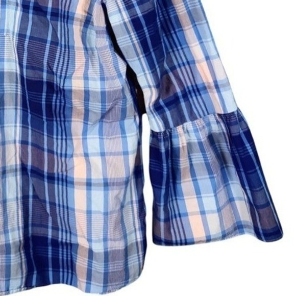 Talbots Womens Preppy Coastal Plaid Bell Sleeve Blouse M Blue Pink Split Neck - Picture 7 of 8
